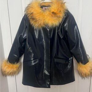 Blue Faux Leather Coat with Yellow Fur Trim
